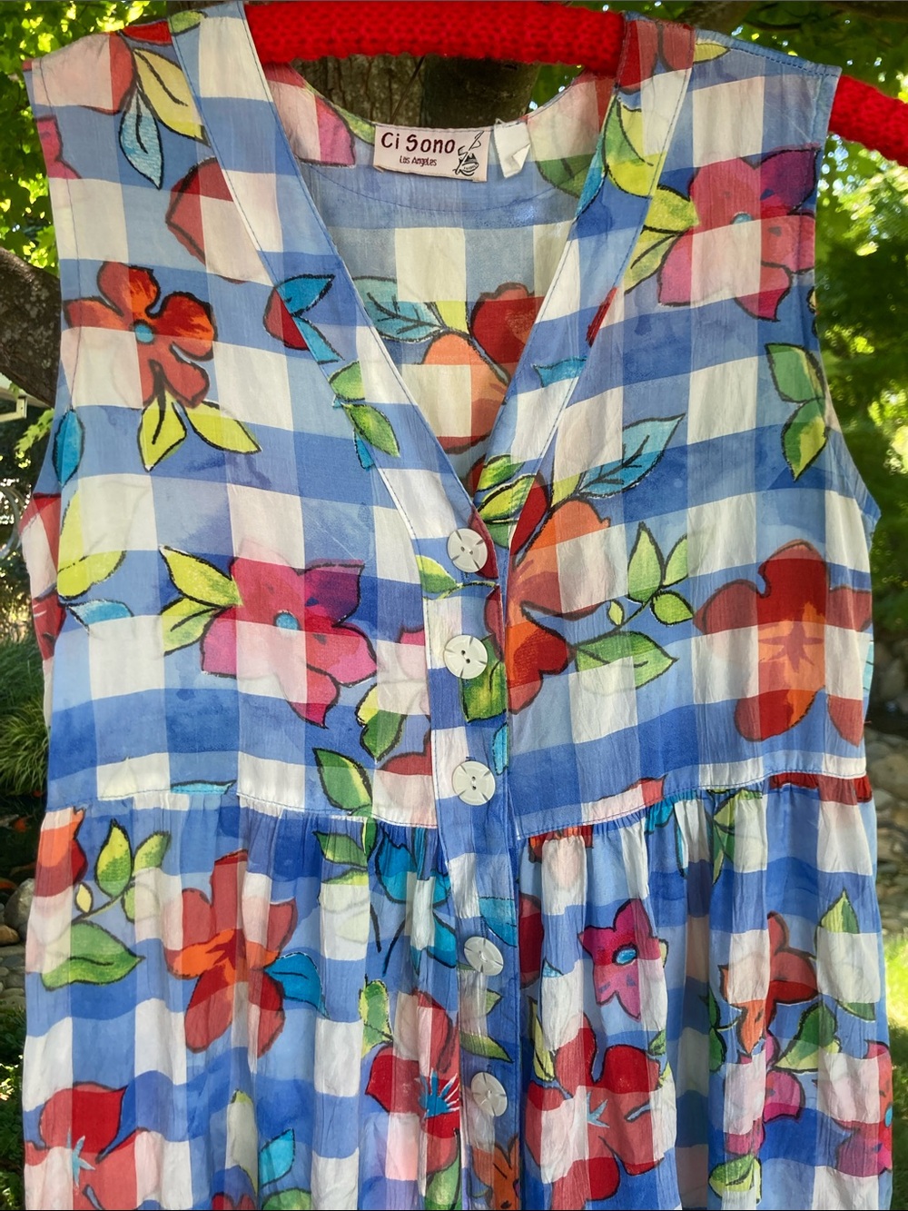 Vintage Ci Sono whimsical blue and white gingham floral  midi sundress